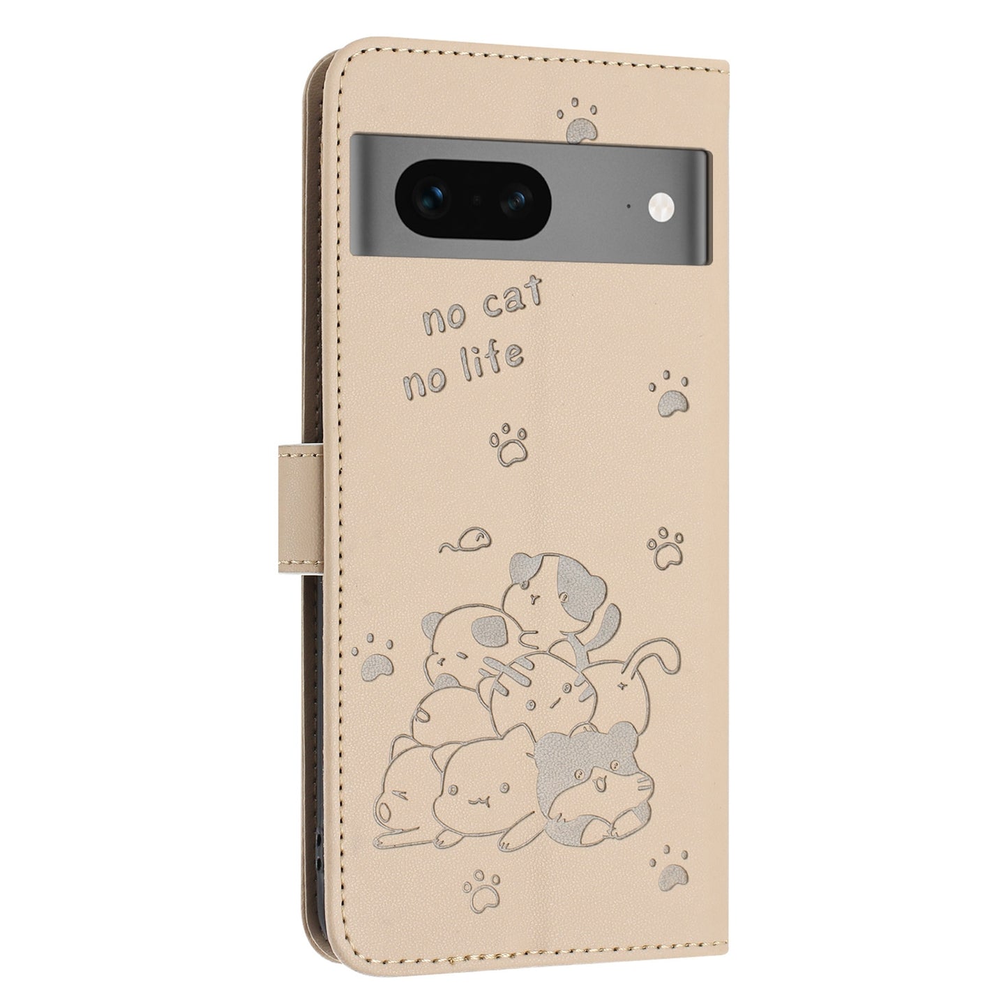 Google Pixel 7 Embossed Kitten PU Leather Wallet Case with Card Slots, Cash Pocket, Kickstand Function, Wrist Lanyard Strap, Full Protective TPU Flip Cover