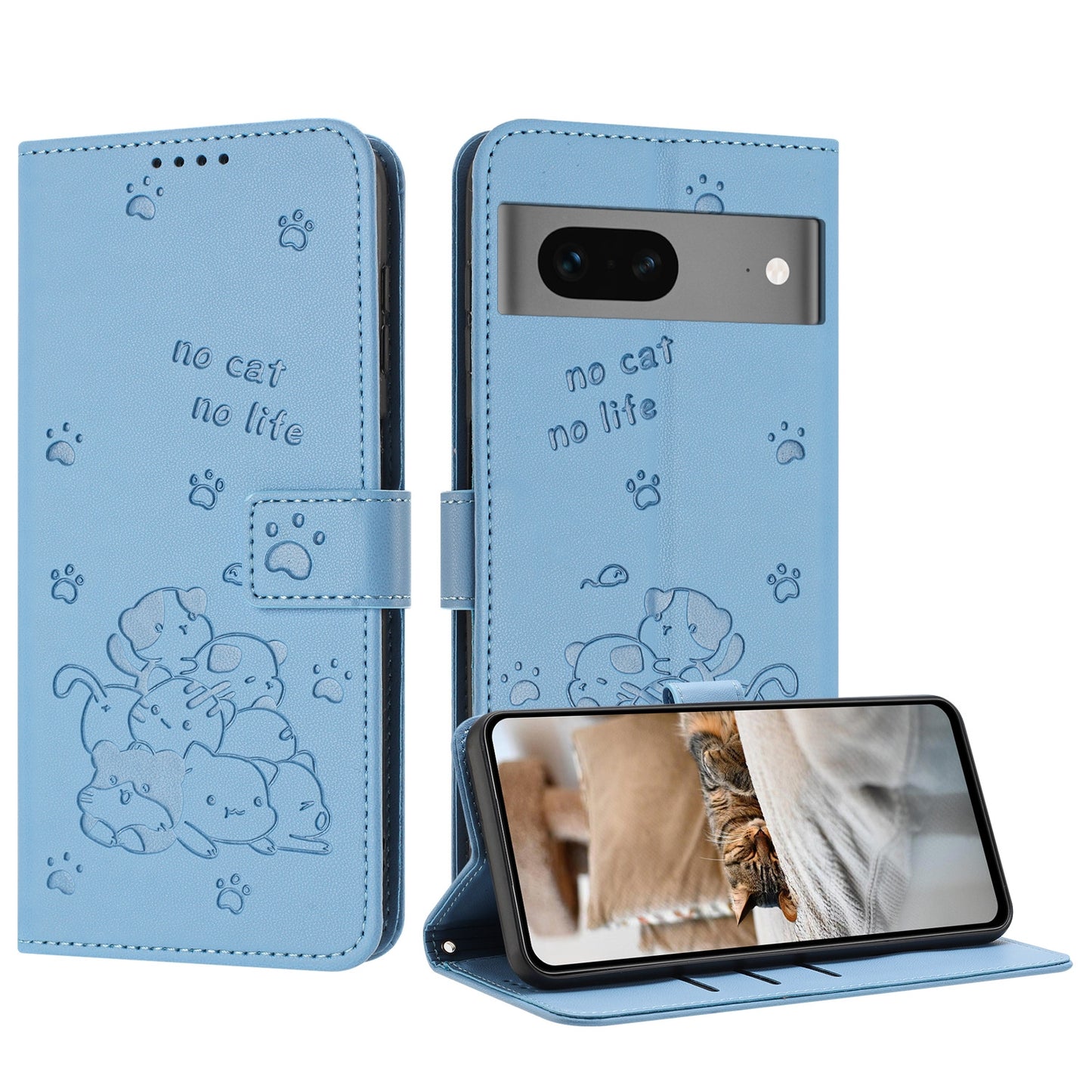 Google Pixel 7 Embossed Kitten PU Leather Wallet Case with Card Slots, Cash Pocket, Kickstand Function, Wrist Lanyard Strap, Full Protective TPU Flip Cover