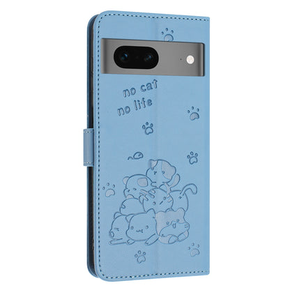Google Pixel 7 Embossed Kitten PU Leather Wallet Case with Card Slots, Cash Pocket, Kickstand Function, Wrist Lanyard Strap, Full Protective TPU Flip Cover
