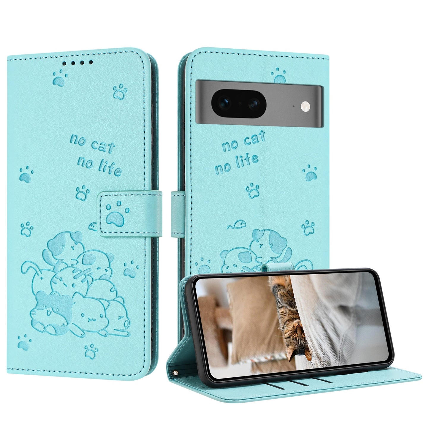 Google Pixel 7 Embossed Kitten PU Leather Wallet Case with Card Slots, Cash Pocket, Kickstand Function, Wrist Lanyard Strap, Full Protective TPU Flip Cover