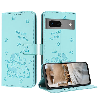 Google Pixel 7 Embossed Kitten PU Leather Wallet Case with Card Slots, Cash Pocket, Kickstand Function, Wrist Lanyard Strap, Full Protective TPU Flip Cover