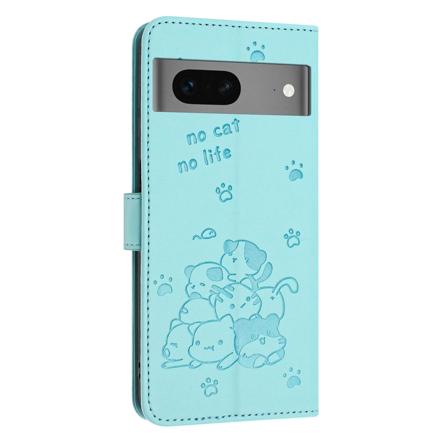 Google Pixel 7 Embossed Kitten PU Leather Wallet Case with Card Slots, Cash Pocket, Kickstand Function, Wrist Lanyard Strap, Full Protective TPU Flip Cover