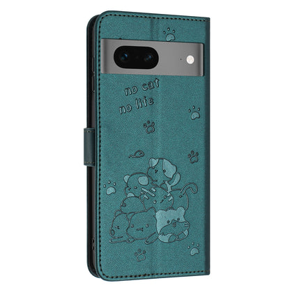 Google Pixel 7 Embossed Kitten PU Leather Wallet Case with Card Slots, Cash Pocket, Kickstand Function, Wrist Lanyard Strap, Full Protective TPU Flip Cover