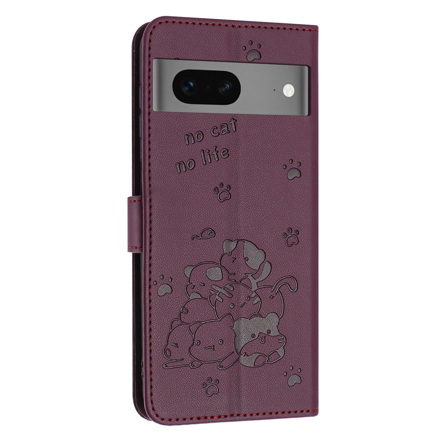 Google Pixel 7 Embossed Kitten PU Leather Wallet Case with Card Slots, Cash Pocket, Kickstand Function, Wrist Lanyard Strap, Full Protective TPU Flip Cover