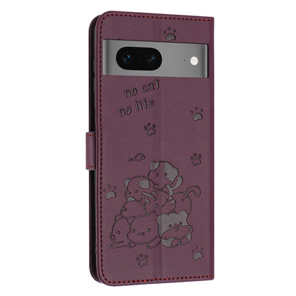 Google Pixel 7 Embossed Kitten PU Leather Wallet Case with Card Slots, Cash Pocket, Kickstand Function, Wrist Lanyard Strap, Full Protective TPU Flip Cover