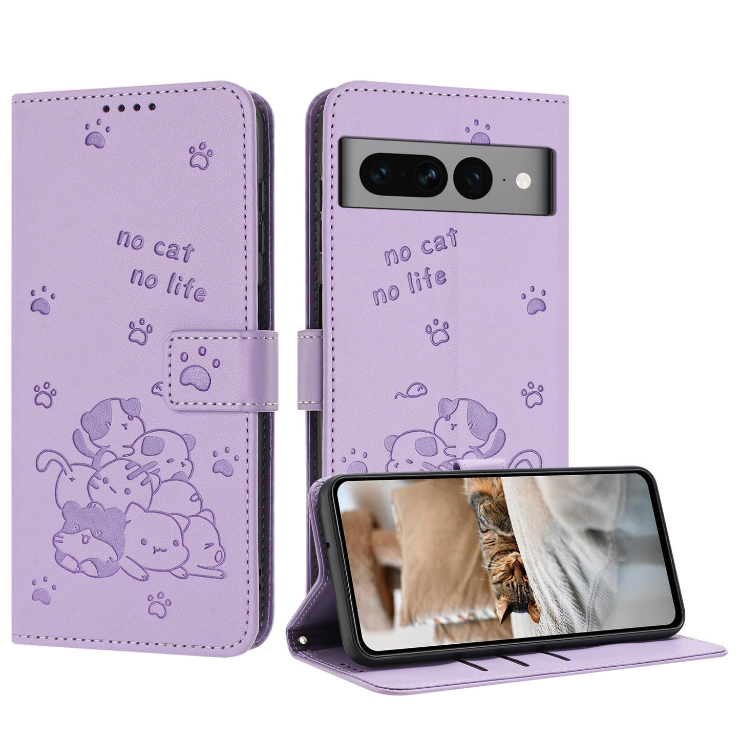 Google Pixel 7 Pro Embossed Kitten PU Leather Wallet Case with Card Slots, Cash Pocket, Kickstand Function, Wrist Lanyard Strap, Full Protective TPU Flip Cover