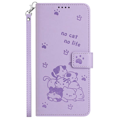 Google Pixel 7 Pro Embossed Kitten PU Leather Wallet Case with Card Slots, Cash Pocket, Kickstand Function, Wrist Lanyard Strap, Full Protective TPU Flip Cover