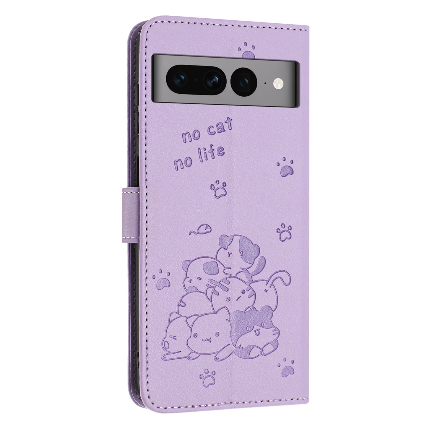 Google Pixel 7 Pro Embossed Kitten PU Leather Wallet Case with Card Slots, Cash Pocket, Kickstand Function, Wrist Lanyard Strap, Full Protective TPU Flip Cover