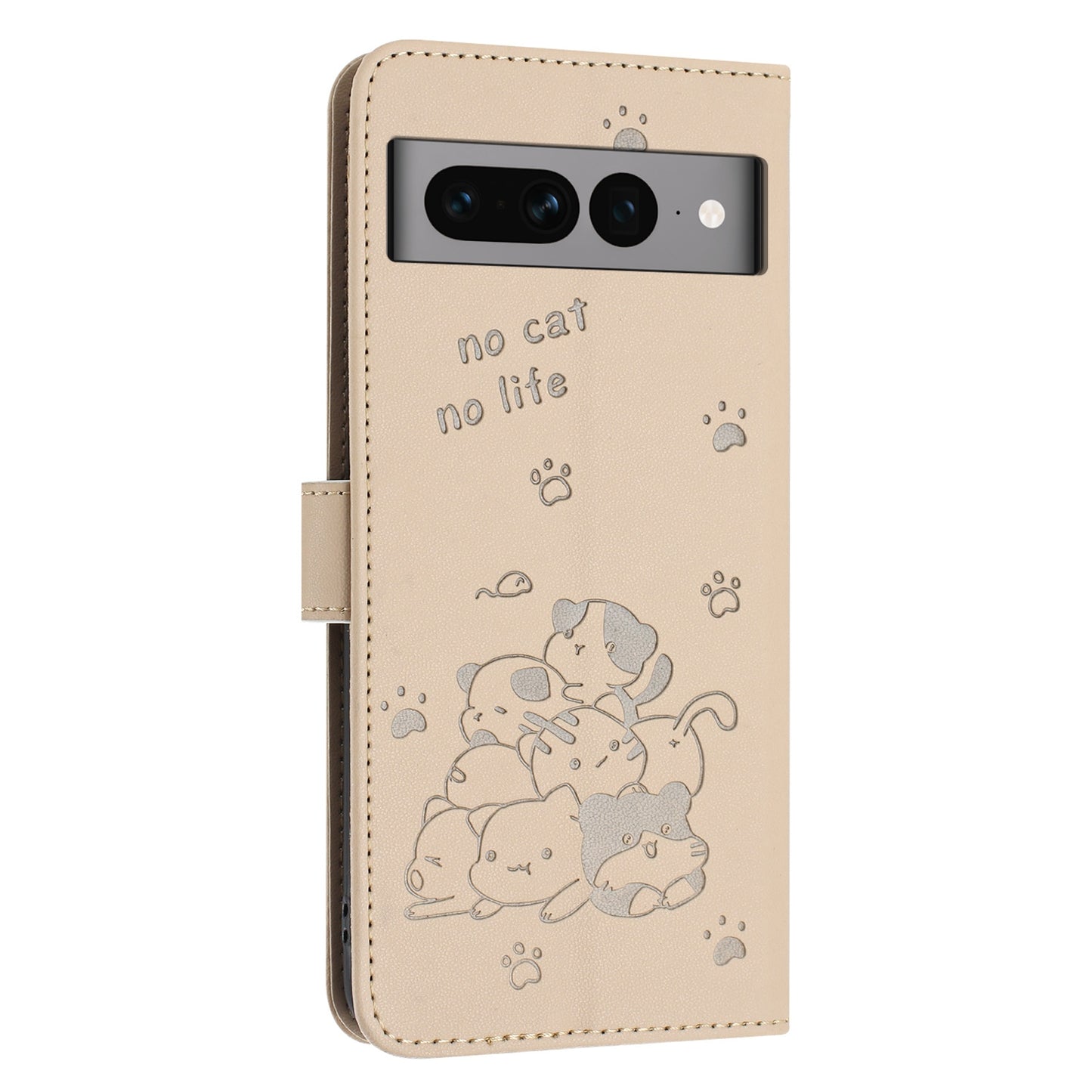 Google Pixel 7 Pro Embossed Kitten PU Leather Wallet Case with Card Slots, Cash Pocket, Kickstand Function, Wrist Lanyard Strap, Full Protective TPU Flip Cover