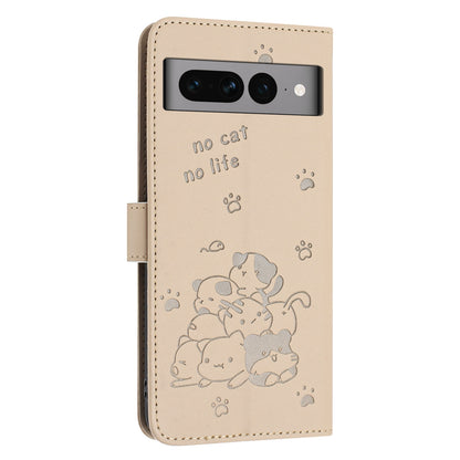 Google Pixel 7 Pro Embossed Kitten PU Leather Wallet Case with Card Slots, Cash Pocket, Kickstand Function, Wrist Lanyard Strap, Full Protective TPU Flip Cover