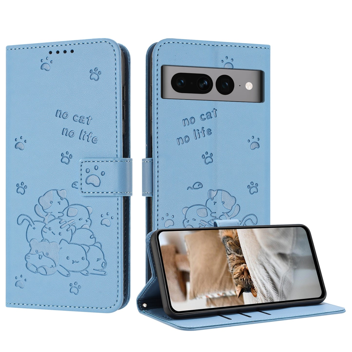 Google Pixel 7 Pro Embossed Kitten PU Leather Wallet Case with Card Slots, Cash Pocket, Kickstand Function, Wrist Lanyard Strap, Full Protective TPU Flip Cover