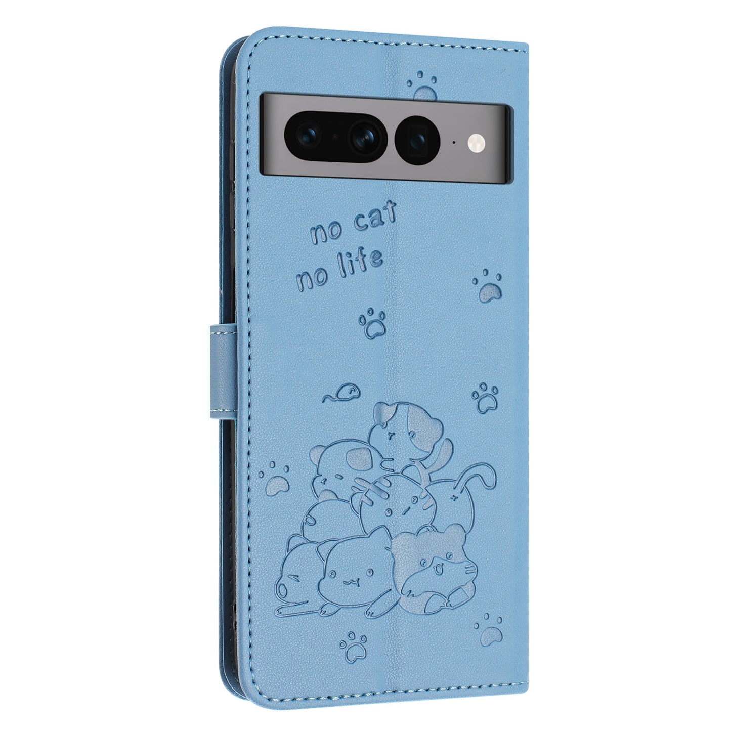 Google Pixel 7 Pro Embossed Kitten PU Leather Wallet Case with Card Slots, Cash Pocket, Kickstand Function, Wrist Lanyard Strap, Full Protective TPU Flip Cover