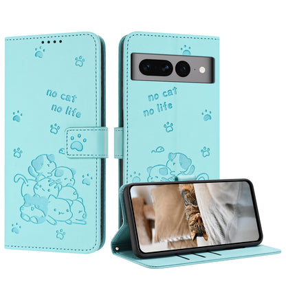 Google Pixel 7 Pro Embossed Kitten PU Leather Wallet Case with Card Slots, Cash Pocket, Kickstand Function, Wrist Lanyard Strap, Full Protective TPU Flip Cover