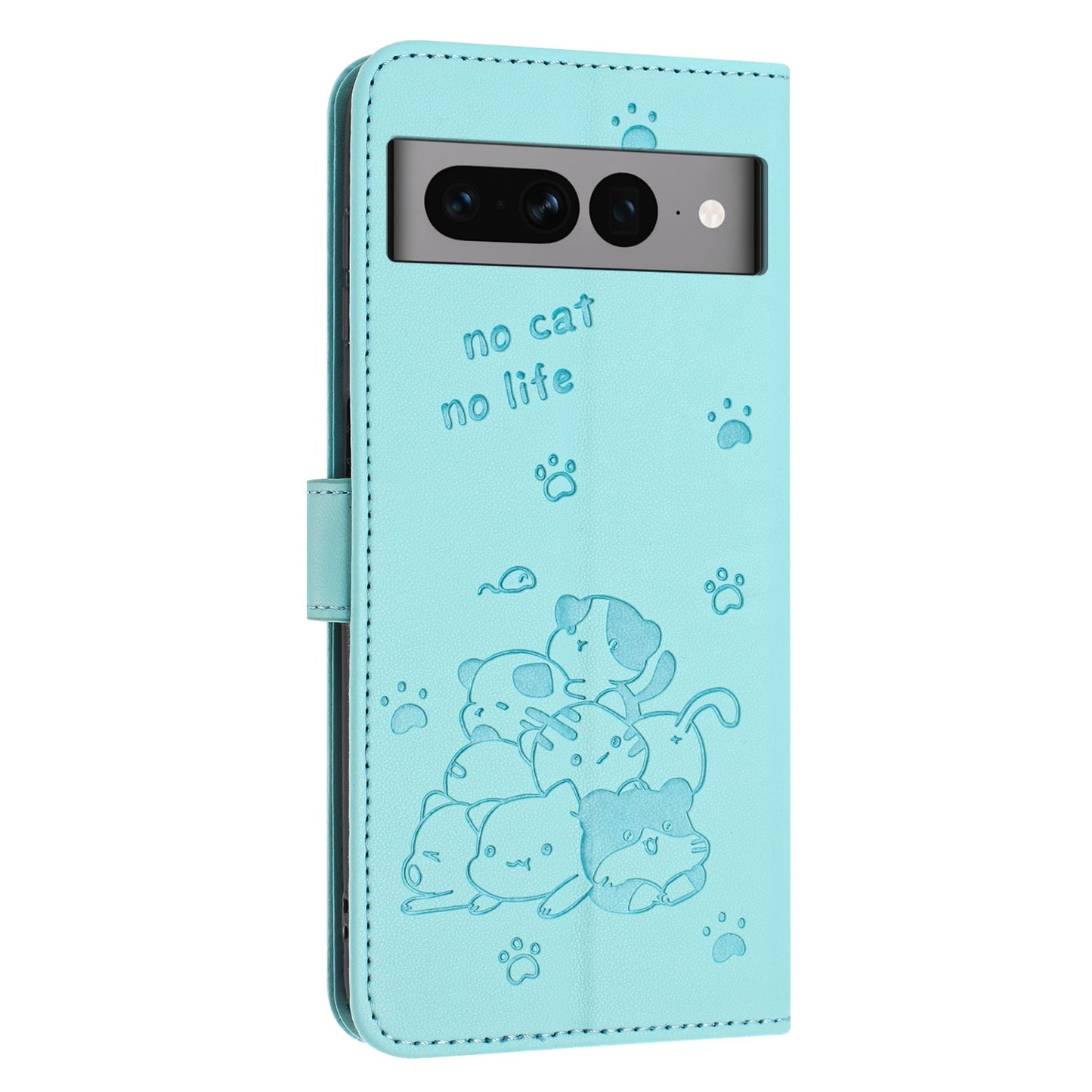 Google Pixel 7 Pro Embossed Kitten PU Leather Wallet Case with Card Slots, Cash Pocket, Kickstand Function, Wrist Lanyard Strap, Full Protective TPU Flip Cover