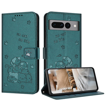 Google Pixel 7 Pro Embossed Kitten PU Leather Wallet Case with Card Slots, Cash Pocket, Kickstand Function, Wrist Lanyard Strap, Full Protective TPU Flip Cover