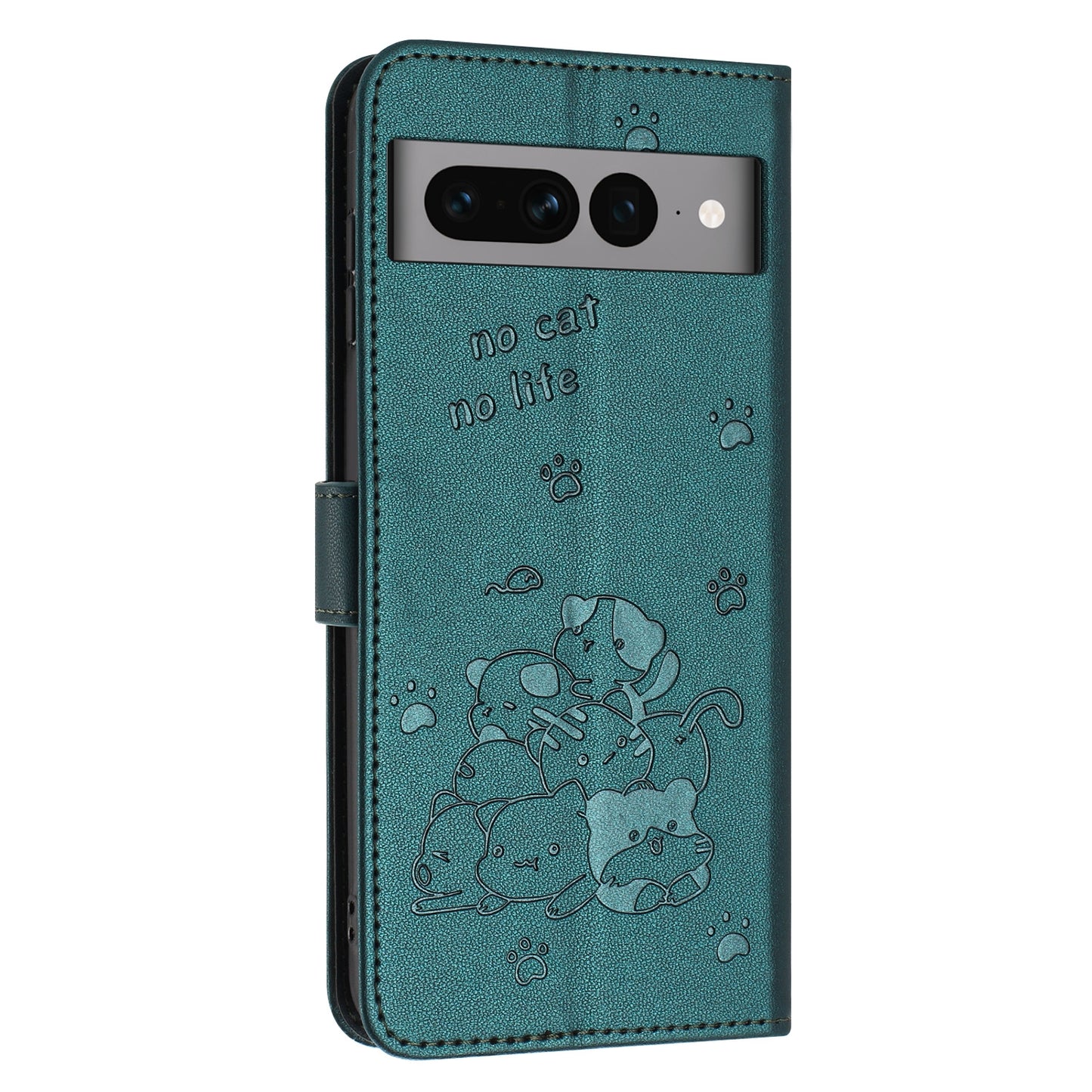 Google Pixel 7 Pro Embossed Kitten PU Leather Wallet Case with Card Slots, Cash Pocket, Kickstand Function, Wrist Lanyard Strap, Full Protective TPU Flip Cover