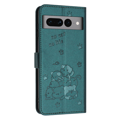 Google Pixel 7 Pro Embossed Kitten PU Leather Wallet Case with Card Slots, Cash Pocket, Kickstand Function, Wrist Lanyard Strap, Full Protective TPU Flip Cover
