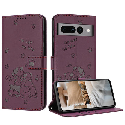 Google Pixel 7 Pro Embossed Kitten PU Leather Wallet Case with Card Slots, Cash Pocket, Kickstand Function, Wrist Lanyard Strap, Full Protective TPU Flip Cover