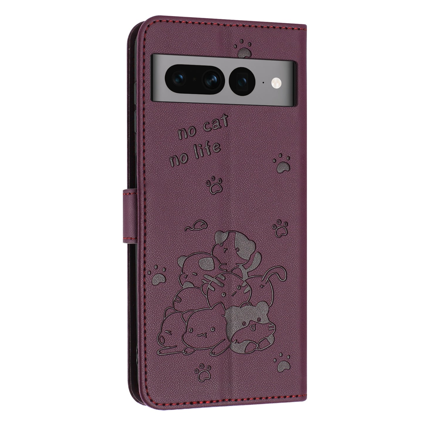 Google Pixel 7 Pro Embossed Kitten PU Leather Wallet Case with Card Slots, Cash Pocket, Kickstand Function, Wrist Lanyard Strap, Full Protective TPU Flip Cover