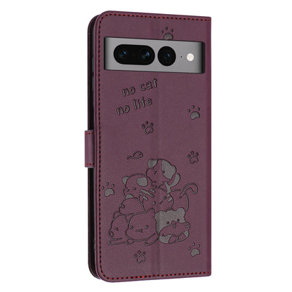 Google Pixel 7 Pro Embossed Kitten PU Leather Wallet Case with Card Slots, Cash Pocket, Kickstand Function, Wrist Lanyard Strap, Full Protective TPU Flip Cover
