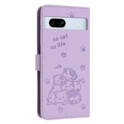 Google Pixel 7a Embossed Kitten PU Leather Wallet Case with Card Slots, Cash Pocket, Kickstand Function, Wrist Lanyard Strap, Full Protective TPU Flip Cover