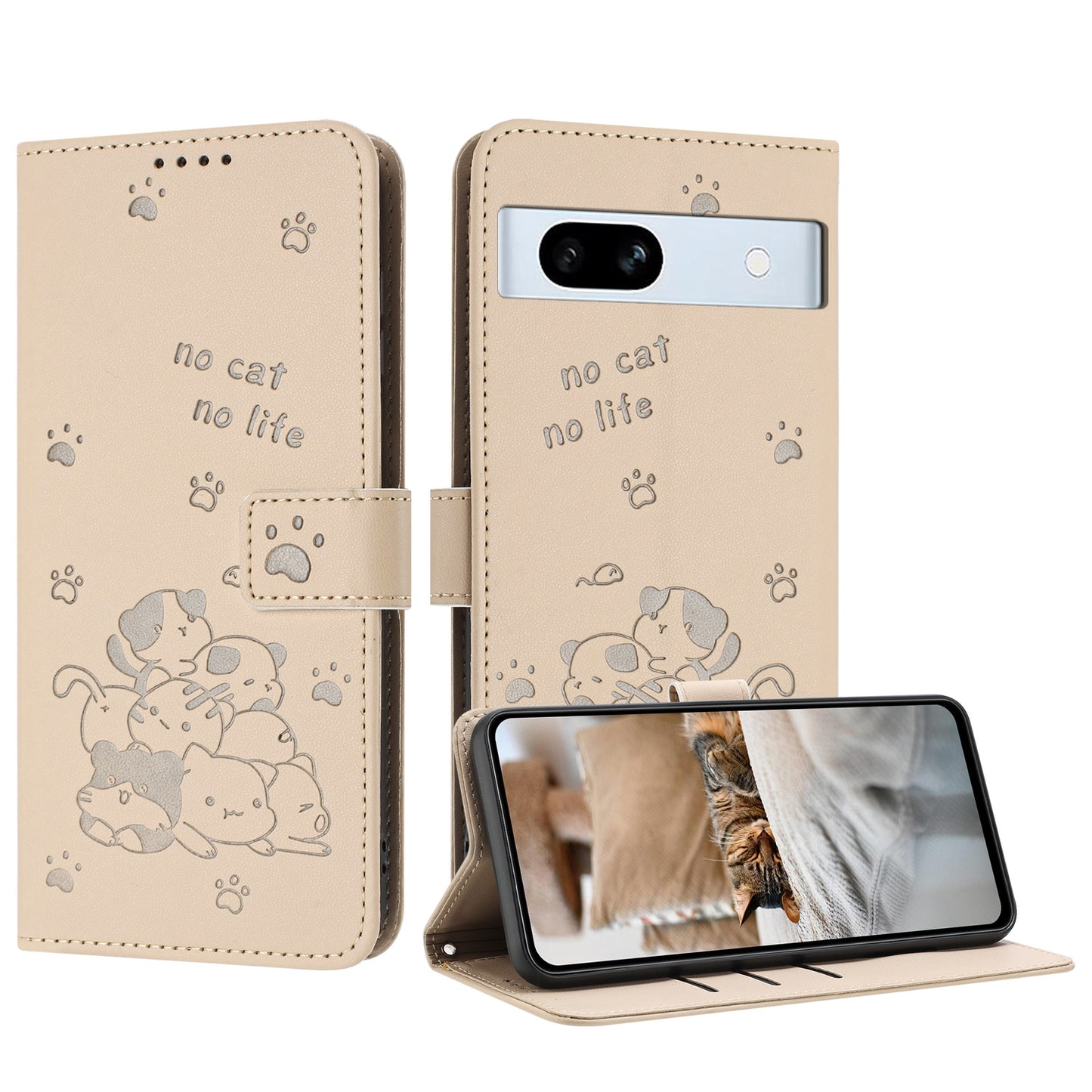 Google Pixel 7a Embossed Kitten PU Leather Wallet Case with Card Slots, Cash Pocket, Kickstand Function, Wrist Lanyard Strap, Full Protective TPU Flip Cover