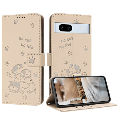 Google Pixel 7a Embossed Kitten PU Leather Wallet Case with Card Slots, Cash Pocket, Kickstand Function, Wrist Lanyard Strap, Full Protective TPU Flip Cover