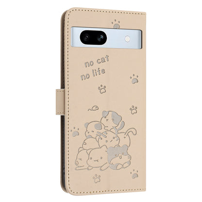 Google Pixel 7a Embossed Kitten PU Leather Wallet Case with Card Slots, Cash Pocket, Kickstand Function, Wrist Lanyard Strap, Full Protective TPU Flip Cover