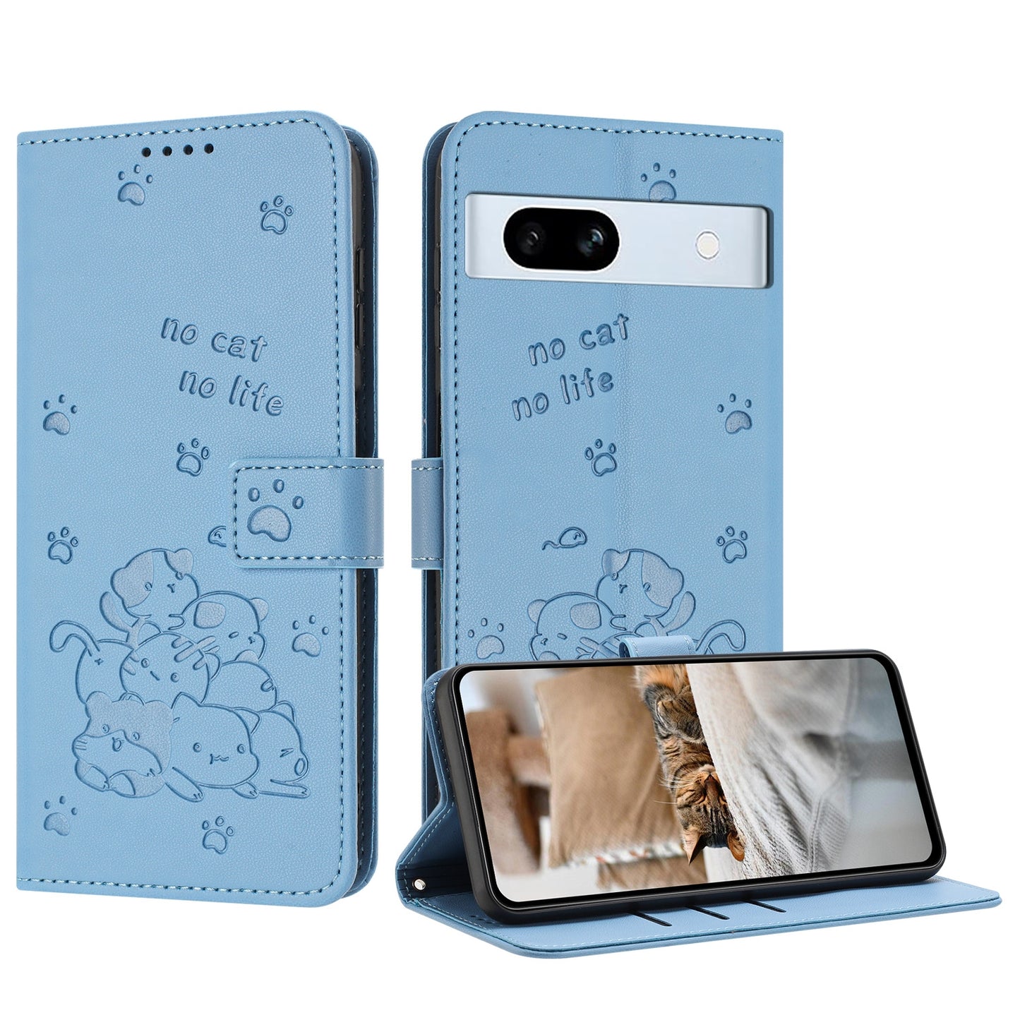 Google Pixel 7a Embossed Kitten PU Leather Wallet Case with Card Slots, Cash Pocket, Kickstand Function, Wrist Lanyard Strap, Full Protective TPU Flip Cover