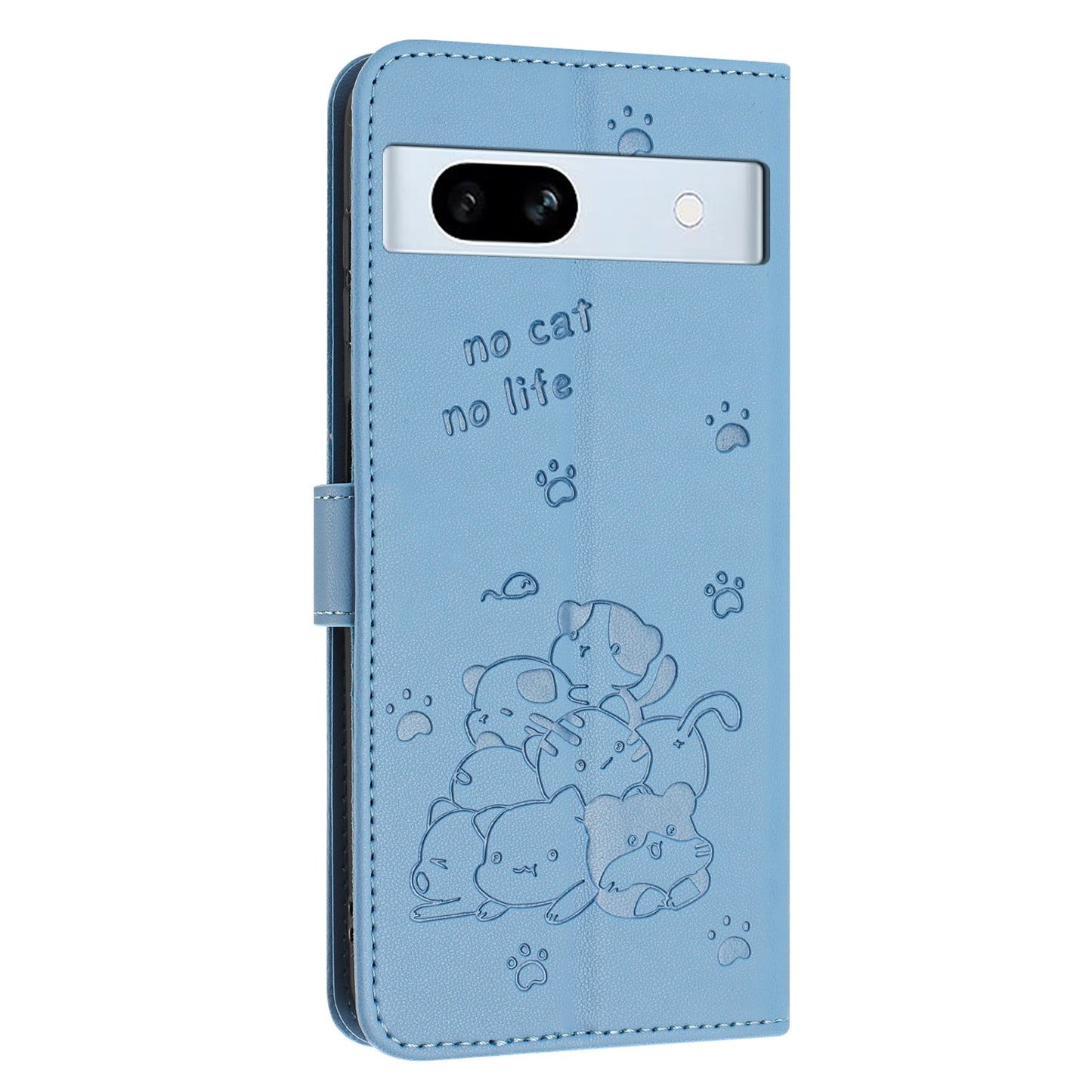 Google Pixel 7a Embossed Kitten PU Leather Wallet Case with Card Slots, Cash Pocket, Kickstand Function, Wrist Lanyard Strap, Full Protective TPU Flip Cover