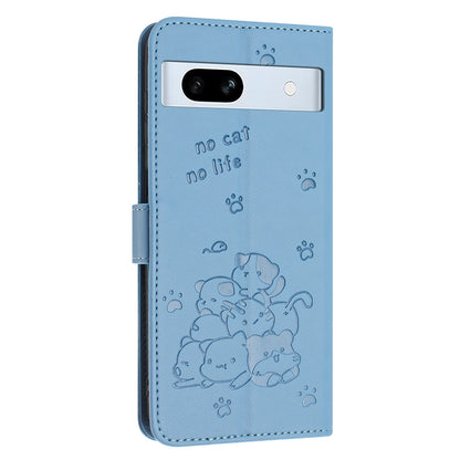 Google Pixel 7a Embossed Kitten PU Leather Wallet Case with Card Slots, Cash Pocket, Kickstand Function, Wrist Lanyard Strap, Full Protective TPU Flip Cover