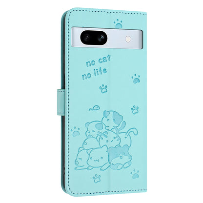 Google Pixel 7a Embossed Kitten PU Leather Wallet Case with Card Slots, Cash Pocket, Kickstand Function, Wrist Lanyard Strap, Full Protective TPU Flip Cover