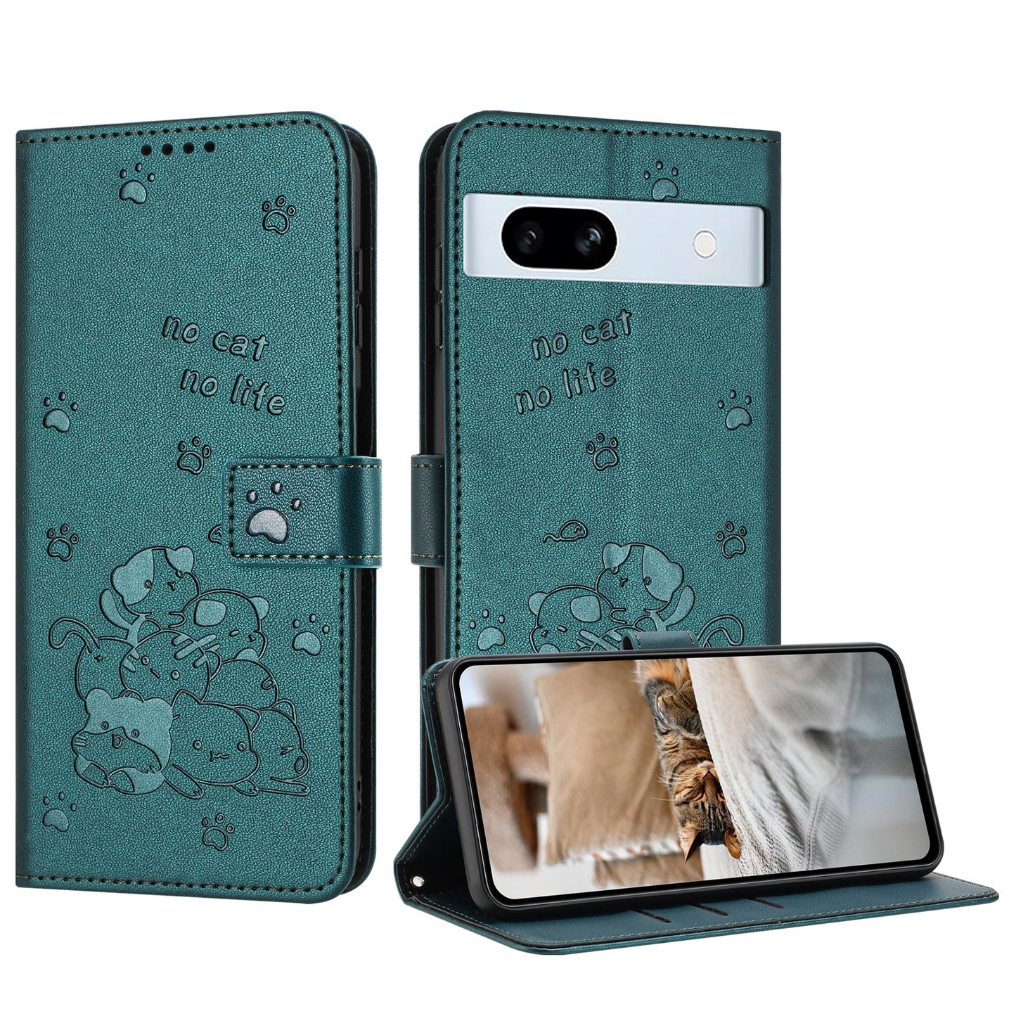 Google Pixel 7a Embossed Kitten PU Leather Wallet Case with Card Slots, Cash Pocket, Kickstand Function, Wrist Lanyard Strap, Full Protective TPU Flip Cover