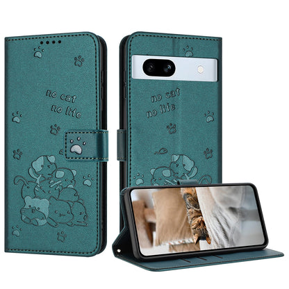 Google Pixel 7a Embossed Kitten PU Leather Wallet Case with Card Slots, Cash Pocket, Kickstand Function, Wrist Lanyard Strap, Full Protective TPU Flip Cover