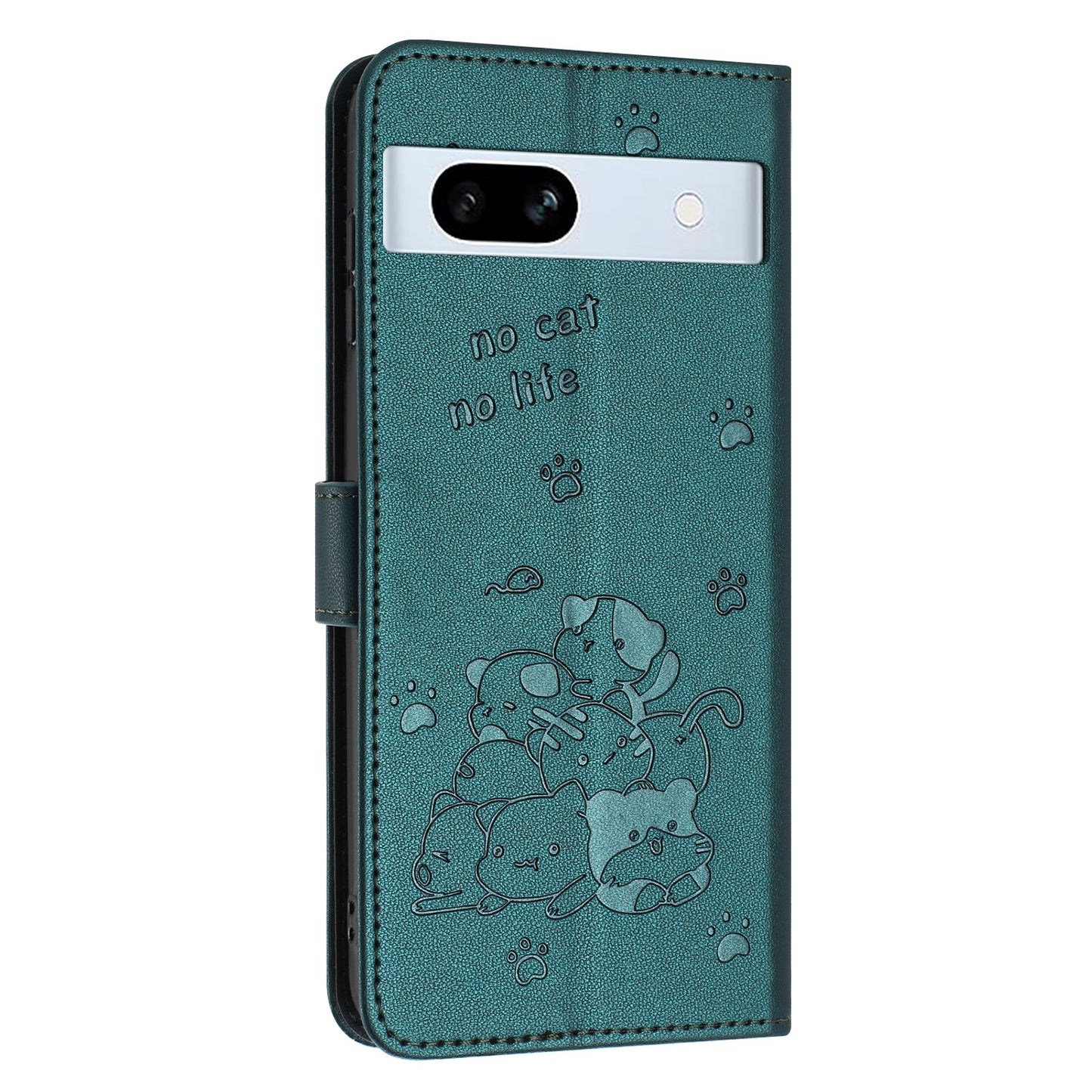 Google Pixel 7a Embossed Kitten PU Leather Wallet Case with Card Slots, Cash Pocket, Kickstand Function, Wrist Lanyard Strap, Full Protective TPU Flip Cover
