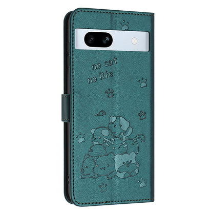 Google Pixel 7a Embossed Kitten PU Leather Wallet Case with Card Slots, Cash Pocket, Kickstand Function, Wrist Lanyard Strap, Full Protective TPU Flip Cover