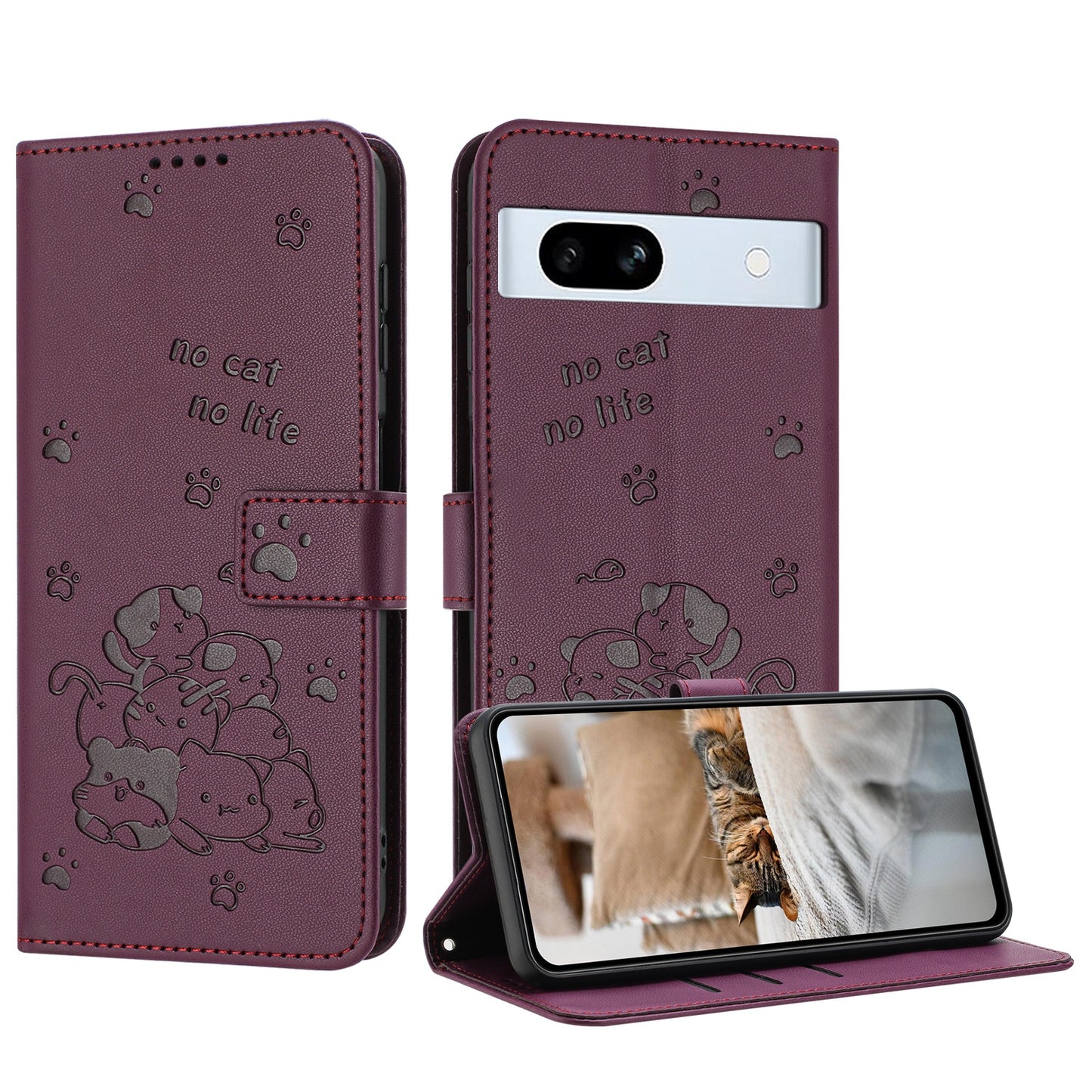 Google Pixel 7a Embossed Kitten PU Leather Wallet Case with Card Slots, Cash Pocket, Kickstand Function, Wrist Lanyard Strap, Full Protective TPU Flip Cover