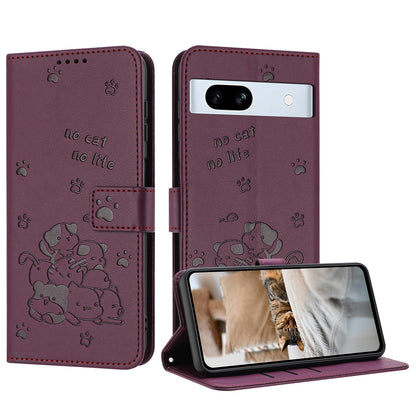 Google Pixel 7a Embossed Kitten PU Leather Wallet Case with Card Slots, Cash Pocket, Kickstand Function, Wrist Lanyard Strap, Full Protective TPU Flip Cover