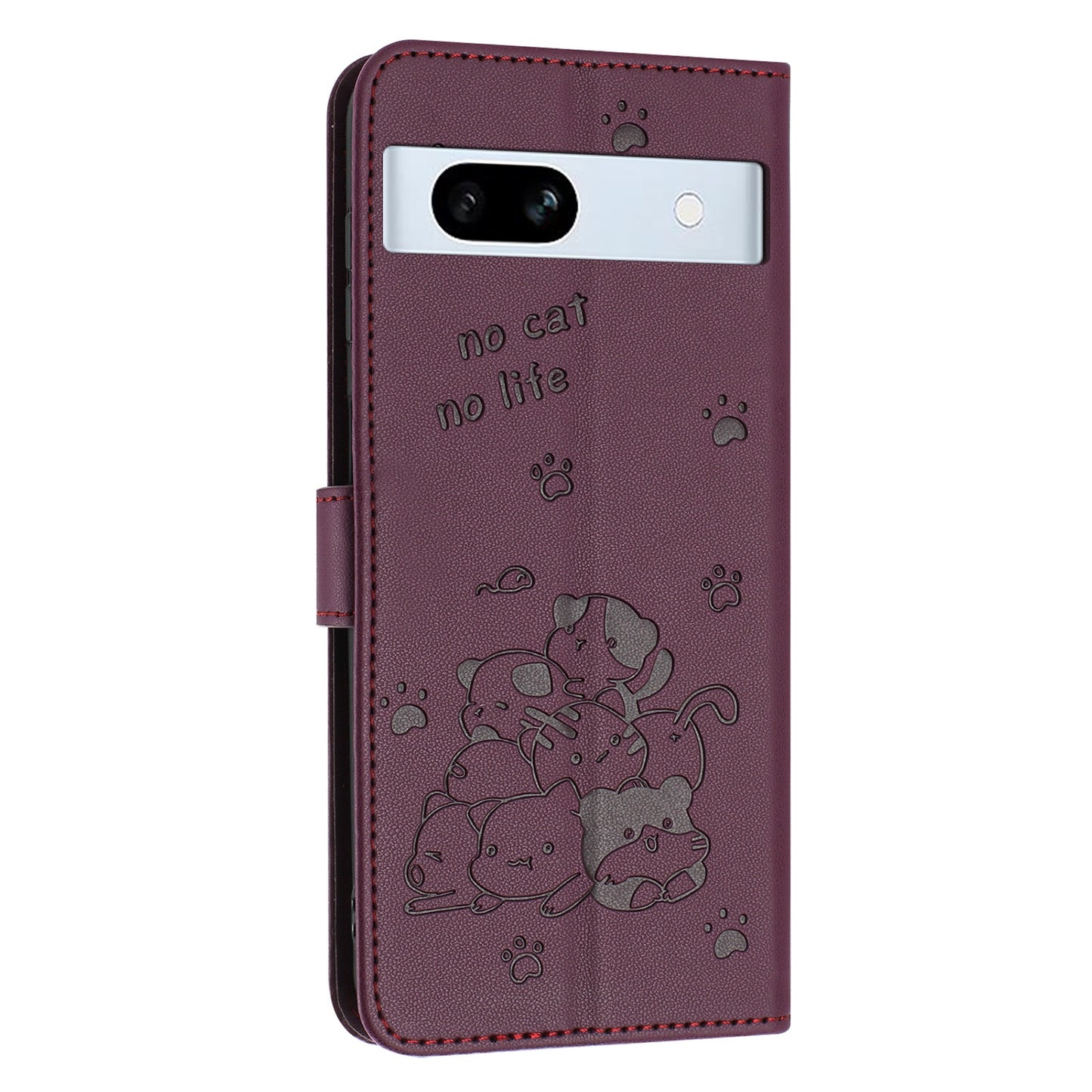 Google Pixel 7a Embossed Kitten PU Leather Wallet Case with Card Slots, Cash Pocket, Kickstand Function, Wrist Lanyard Strap, Full Protective TPU Flip Cover