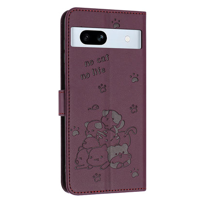 Google Pixel 7a Embossed Kitten PU Leather Wallet Case with Card Slots, Cash Pocket, Kickstand Function, Wrist Lanyard Strap, Full Protective TPU Flip Cover