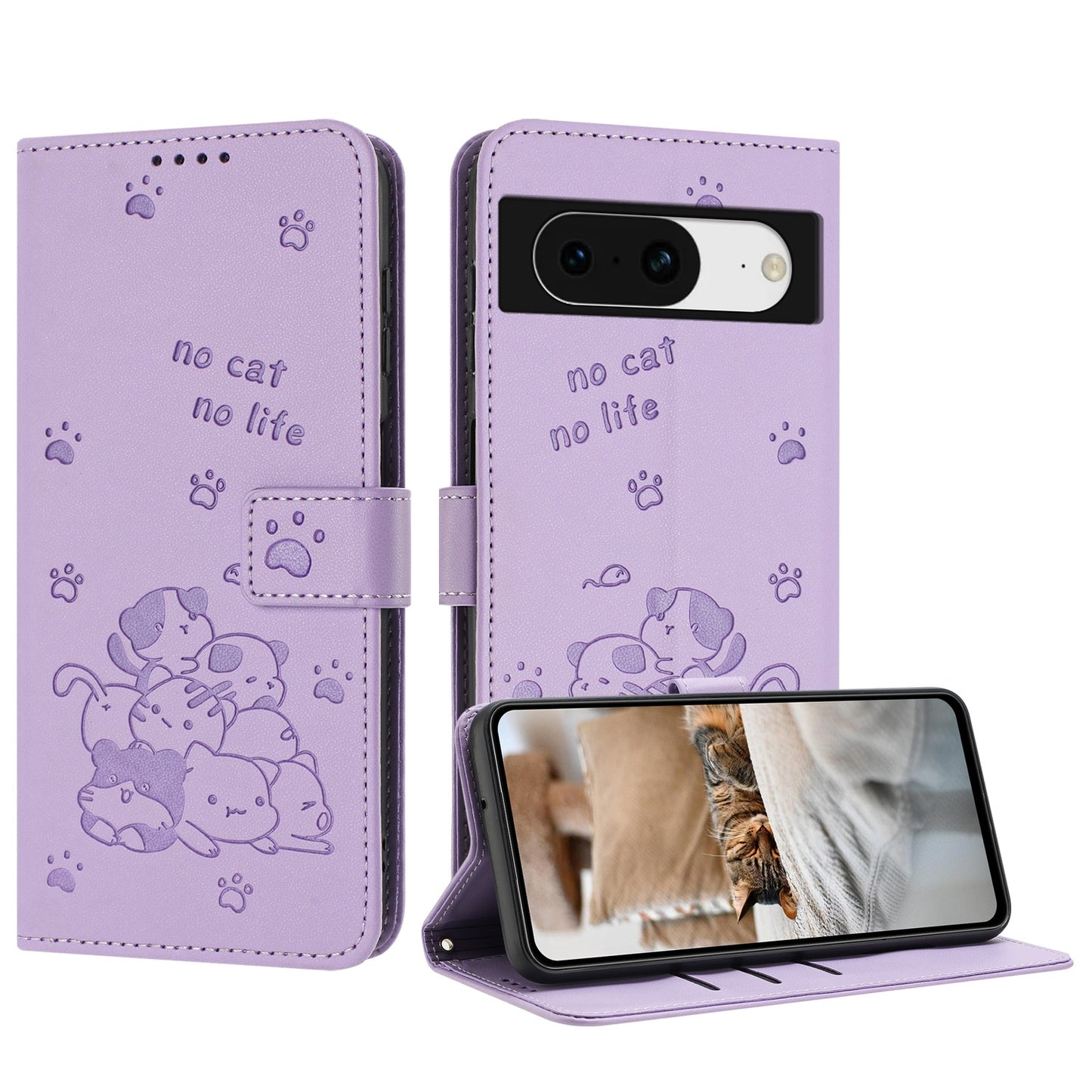 Google Pixel 8 Embossed Kitten PU Leather Wallet Case with Card Slots, Cash Pocket, Kickstand Function, Wrist Lanyard Strap, Full Protective TPU Flip Cover
