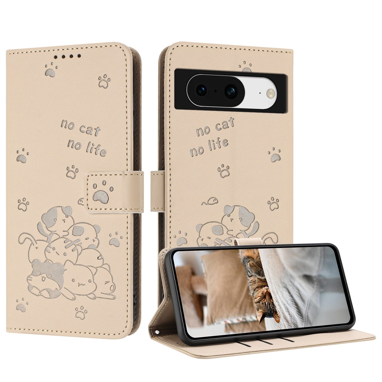 Google Pixel 8 Embossed Kitten PU Leather Wallet Case with Card Slots, Cash Pocket, Kickstand Function, Wrist Lanyard Strap, Full Protective TPU Flip Cover