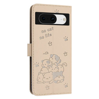 Google Pixel 8 Embossed Kitten PU Leather Wallet Case with Card Slots, Cash Pocket, Kickstand Function, Wrist Lanyard Strap, Full Protective TPU Flip Cover