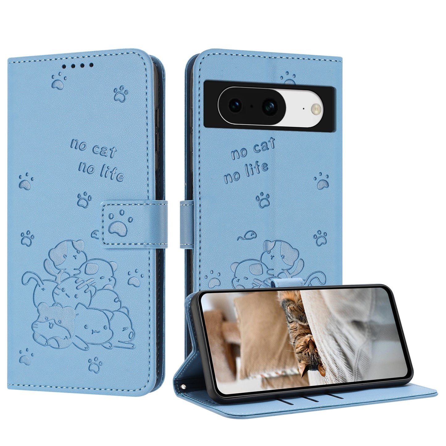 Google Pixel 8 Embossed Kitten PU Leather Wallet Case with Card Slots, Cash Pocket, Kickstand Function, Wrist Lanyard Strap, Full Protective TPU Flip Cover