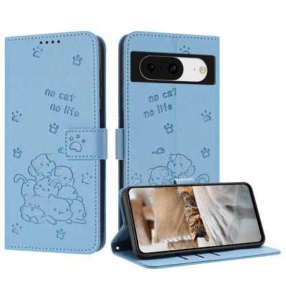 Google Pixel 8 Embossed Kitten PU Leather Wallet Case with Card Slots, Cash Pocket, Kickstand Function, Wrist Lanyard Strap, Full Protective TPU Flip Cover