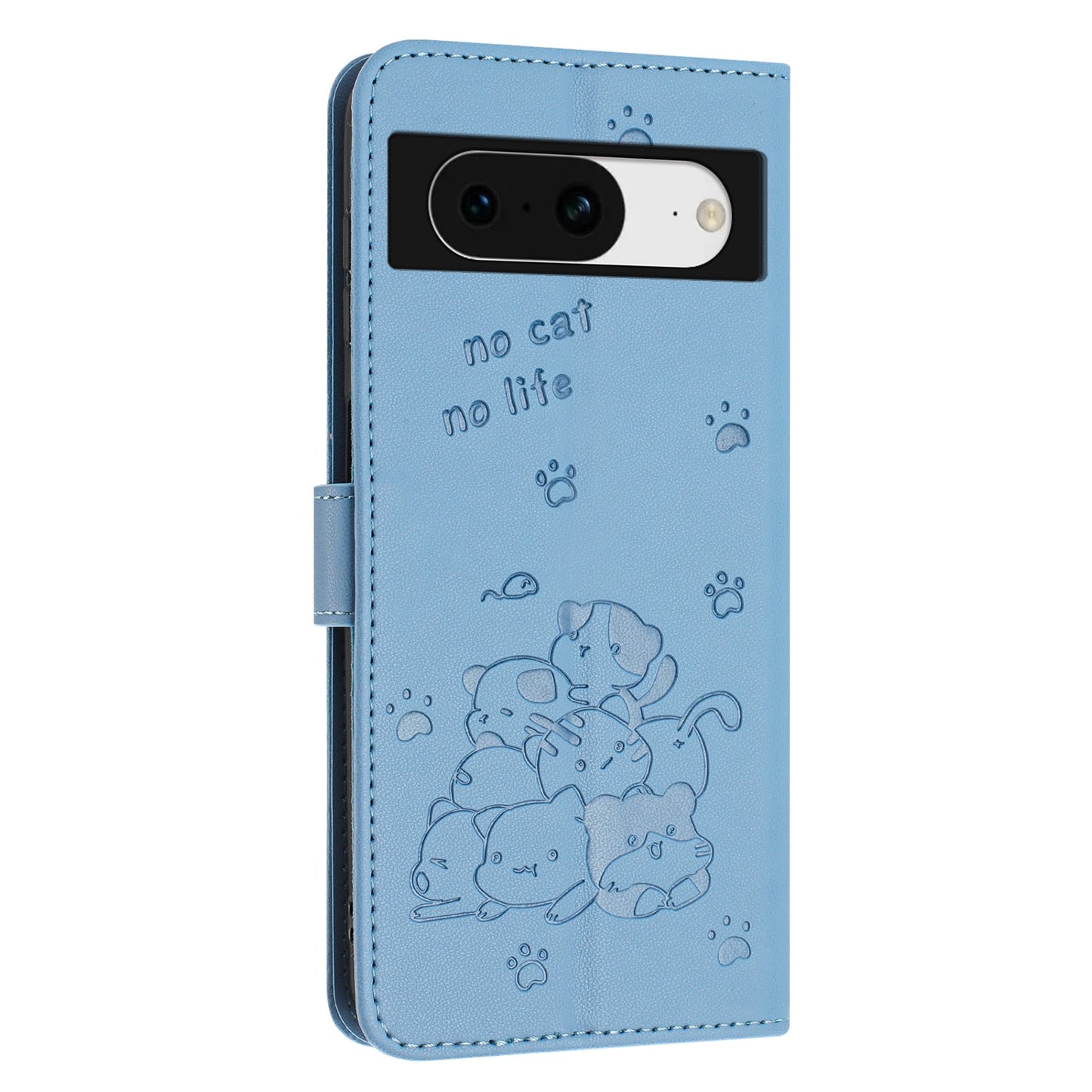 Google Pixel 8 Embossed Kitten PU Leather Wallet Case with Card Slots, Cash Pocket, Kickstand Function, Wrist Lanyard Strap, Full Protective TPU Flip Cover