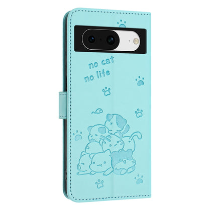 Google Pixel 8 Embossed Kitten PU Leather Wallet Case with Card Slots, Cash Pocket, Kickstand Function, Wrist Lanyard Strap, Full Protective TPU Flip Cover