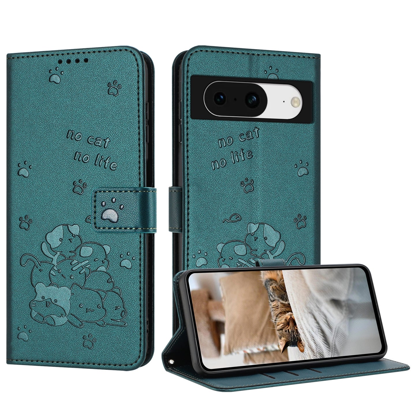 Google Pixel 8 Embossed Kitten PU Leather Wallet Case with Card Slots, Cash Pocket, Kickstand Function, Wrist Lanyard Strap, Full Protective TPU Flip Cover