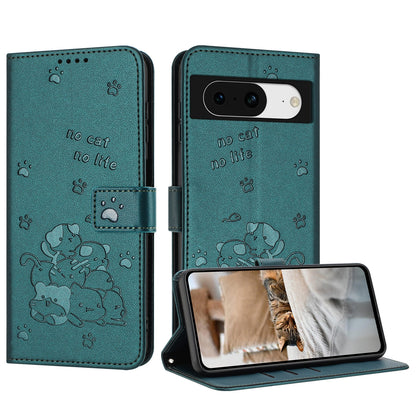 Google Pixel 8 Embossed Kitten PU Leather Wallet Case with Card Slots, Cash Pocket, Kickstand Function, Wrist Lanyard Strap, Full Protective TPU Flip Cover