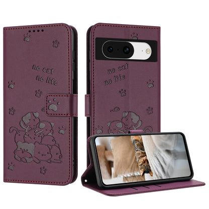 Google Pixel 8 Embossed Kitten PU Leather Wallet Case with Card Slots, Cash Pocket, Kickstand Function, Wrist Lanyard Strap, Full Protective TPU Flip Cover